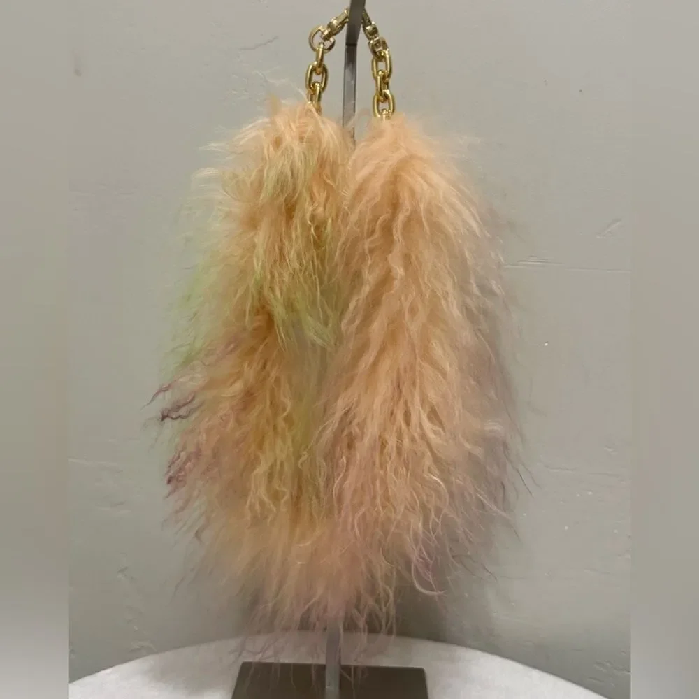 Colorful Real Mongolian Lamb Fur Handmade Boho Style, Fold Over Flap Handbag